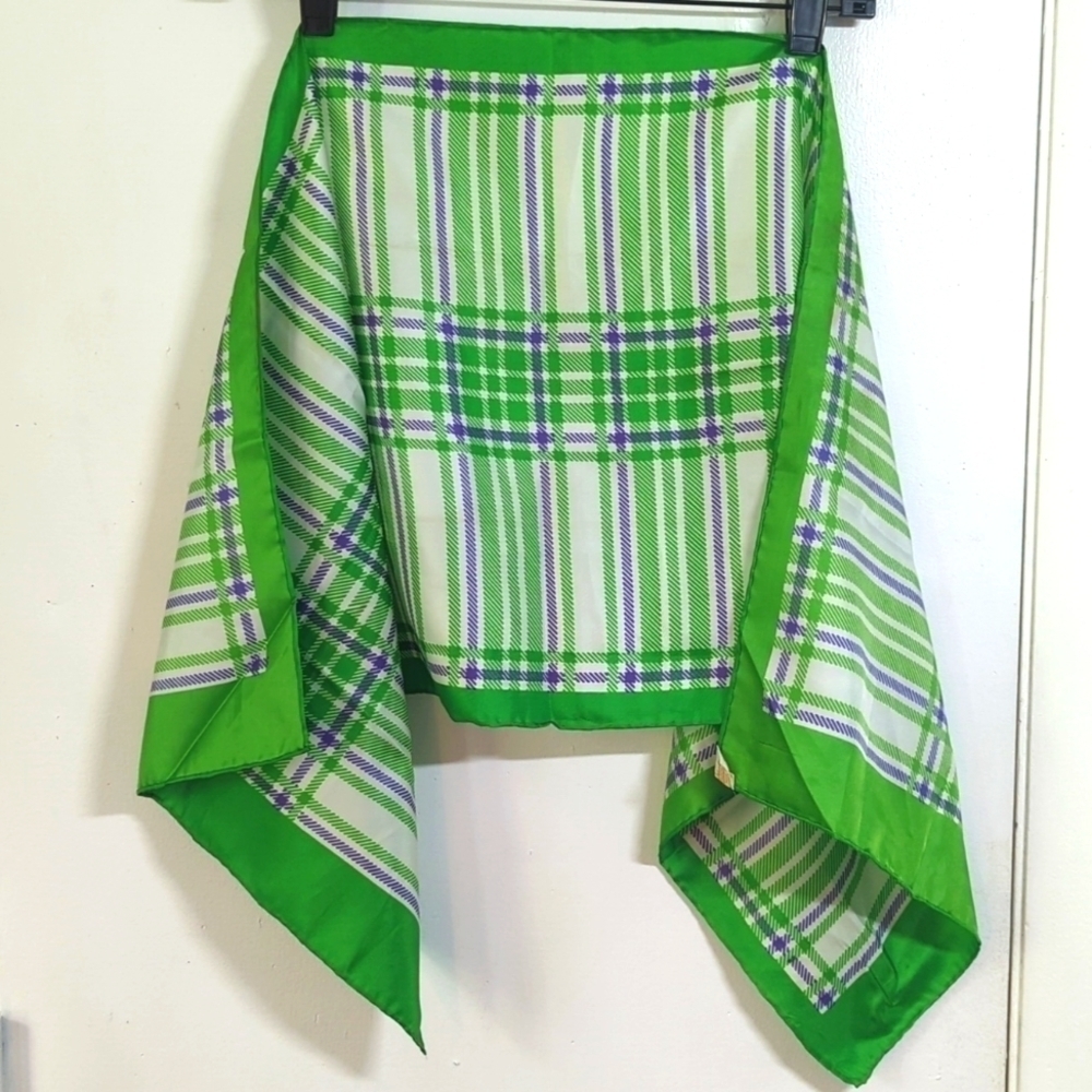 STUNNING Vintage Glentex Green and Purple Plaid Scarf - Bright Amazing Color!